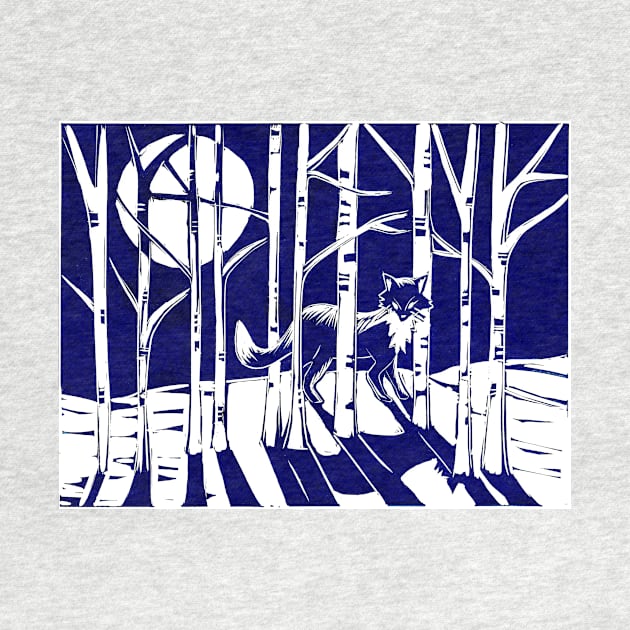 Fox in Moonlit Forest Linocut by Maddybennettart